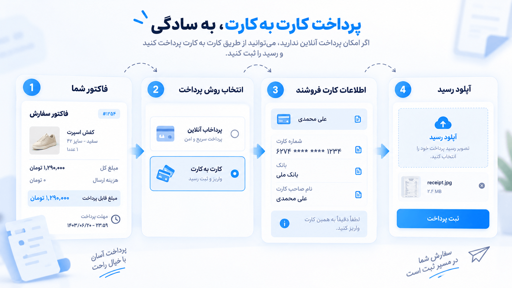 انتخاب کارت‌به‌کارت روی فاکتور و آپلود رسید پرداخت